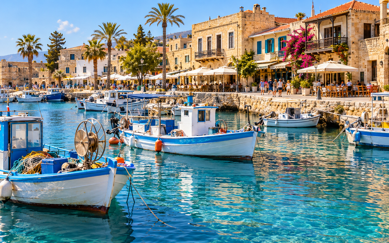 Cape Greco Blue Lagoon turquoise waters with boats, Ayia Napa, Cyprus